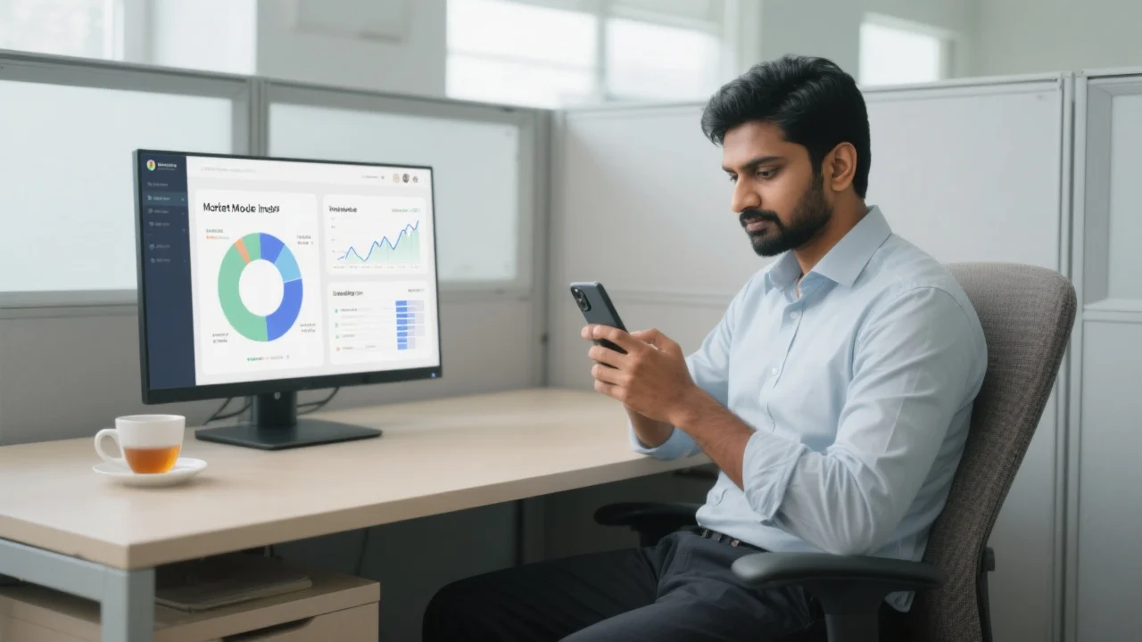 Professional trader analyzing Market Mood dashboard with real-time market data and insights