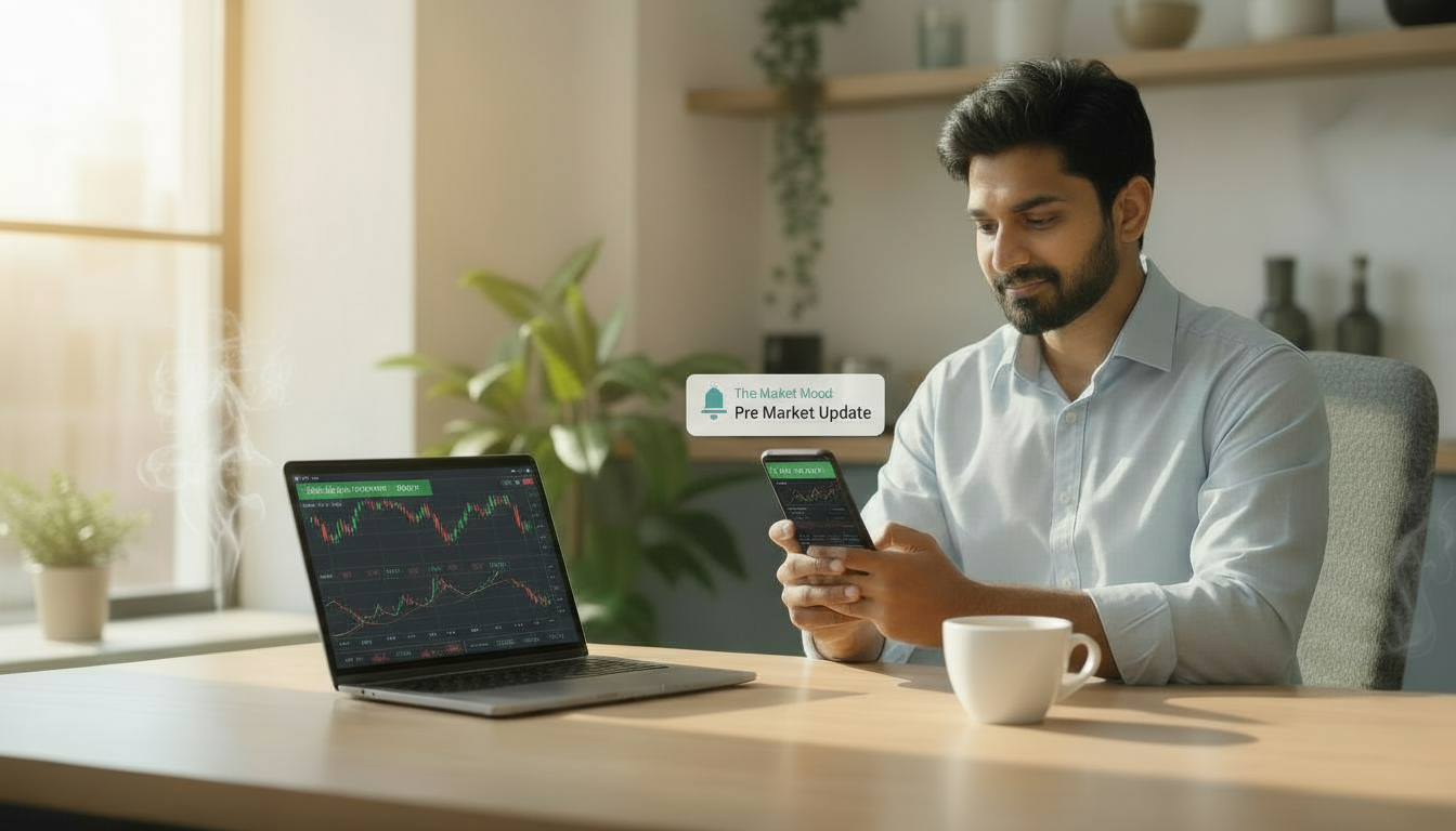 Professional trader reading The Market Mood pre-market update on phone while reviewing trading charts on laptop with morning coffee